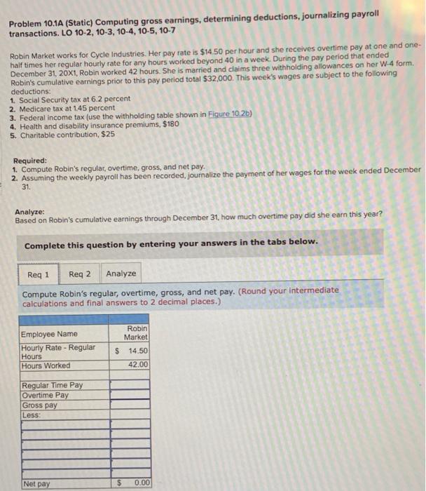 Problem 10.1A (Static) Computing gross earnings, determining deductions, journalizing payroll transactions.