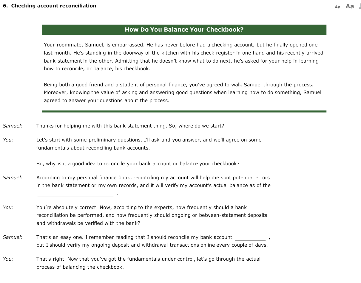 Reconciliation date Second blank --> Monthly or Quarterly Please show your work.