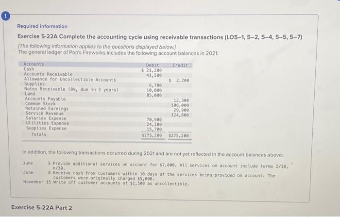  O Required information Exercise 5-22A Complete the accounting cycle using receivable