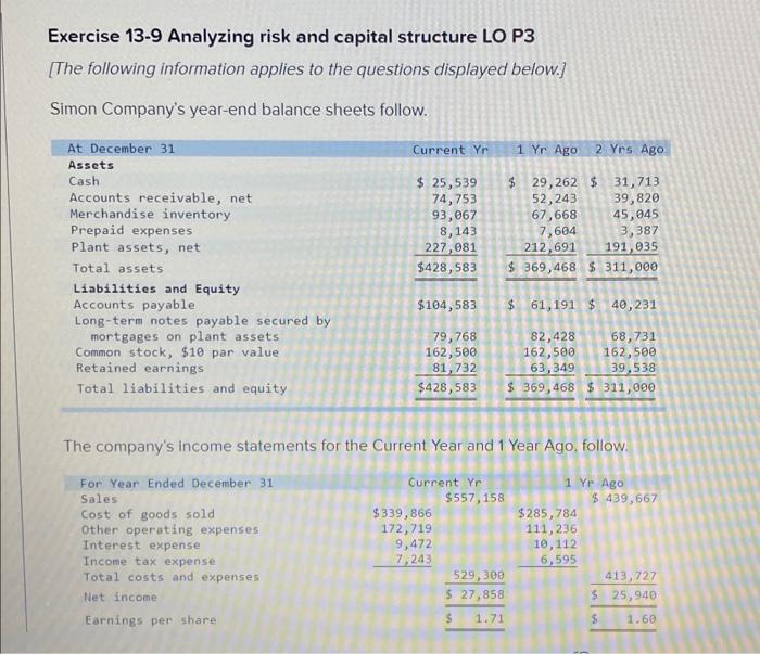  Exercise 13-9 Analyzing risk and capital structure LO P3 [The following