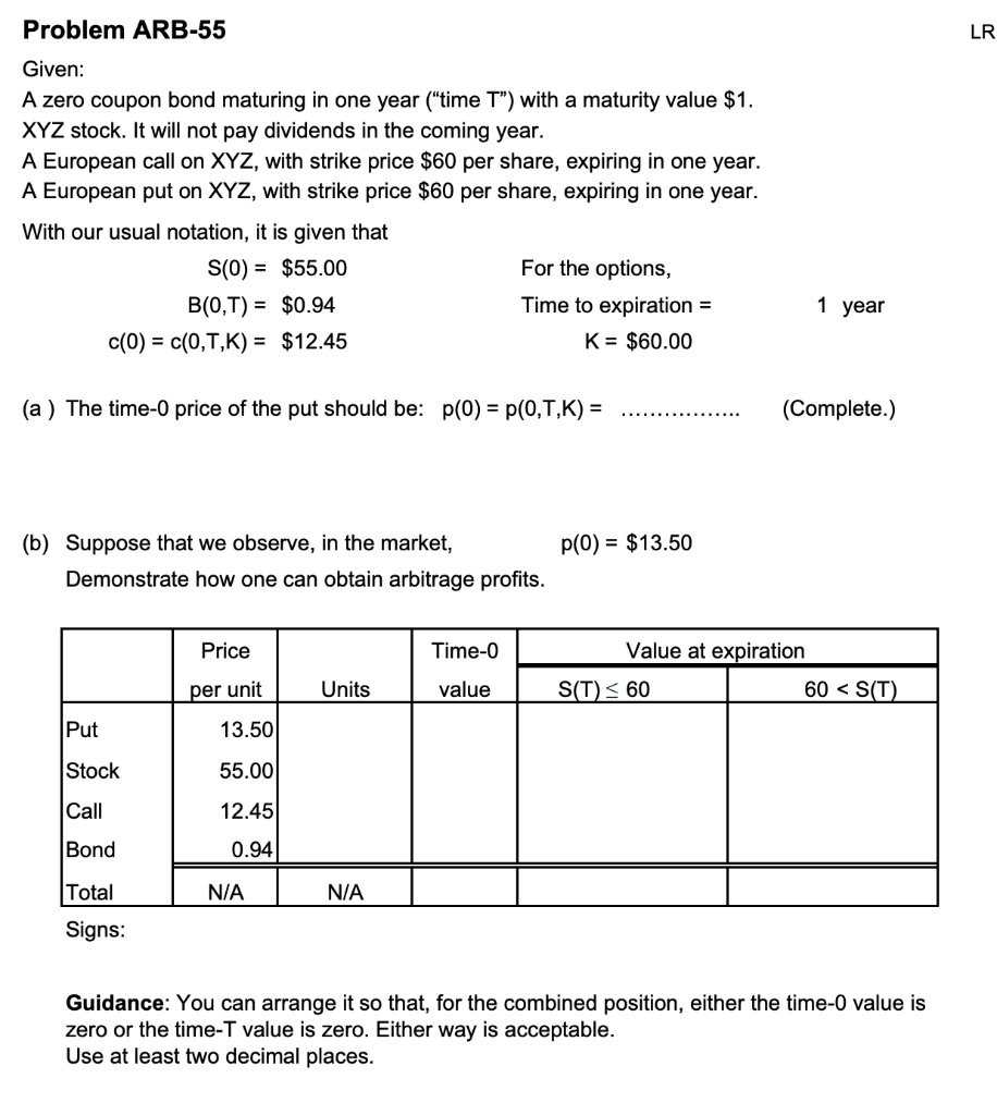 LR Problem ARB-55 Given: A zero coupon bond maturing in one