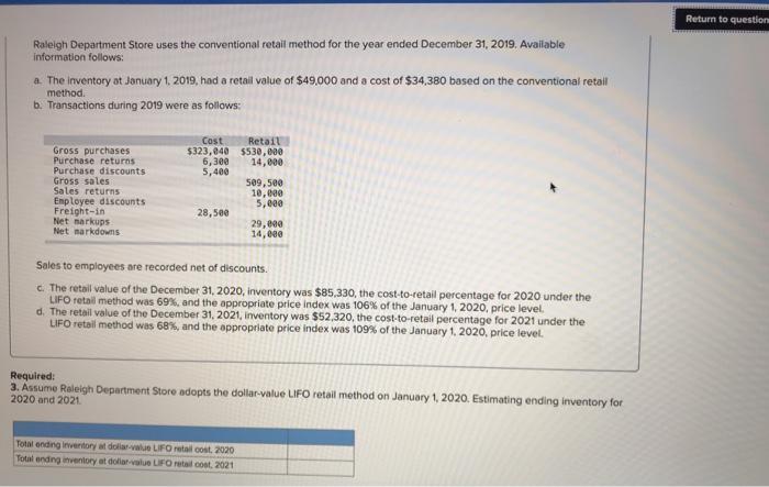 please answer Return to question Raleigh Department Store uses the conventional retail