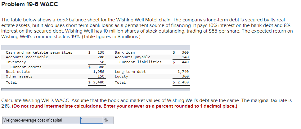  Problem 19-6 WACC The table below shows a book balance sheet
