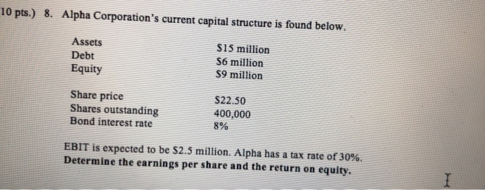  10 pts.) 8. Alpha Corporation's current capital structure is found below.