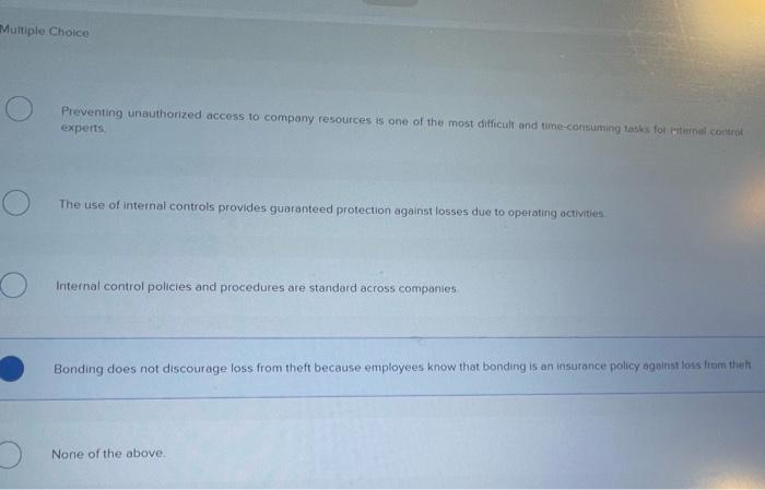 Internal control Multiple Choice Preventing unauthorized access to company resources is one