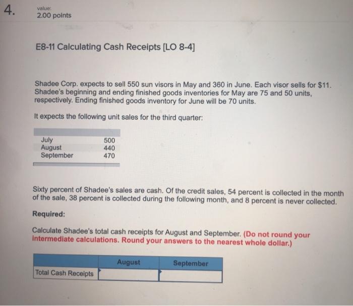  4. value: 2.00 points E8-11 Calculating Cash Receipts [LO 8-4] Shadee