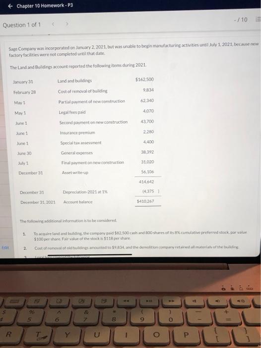  + Chapter 10 Homework - P3 -/10 Question 1 of 1