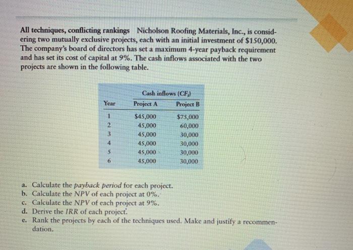 excel assigment All techniques, conflicting rankings Nicholson Roofing Materials, Inc., is consid-