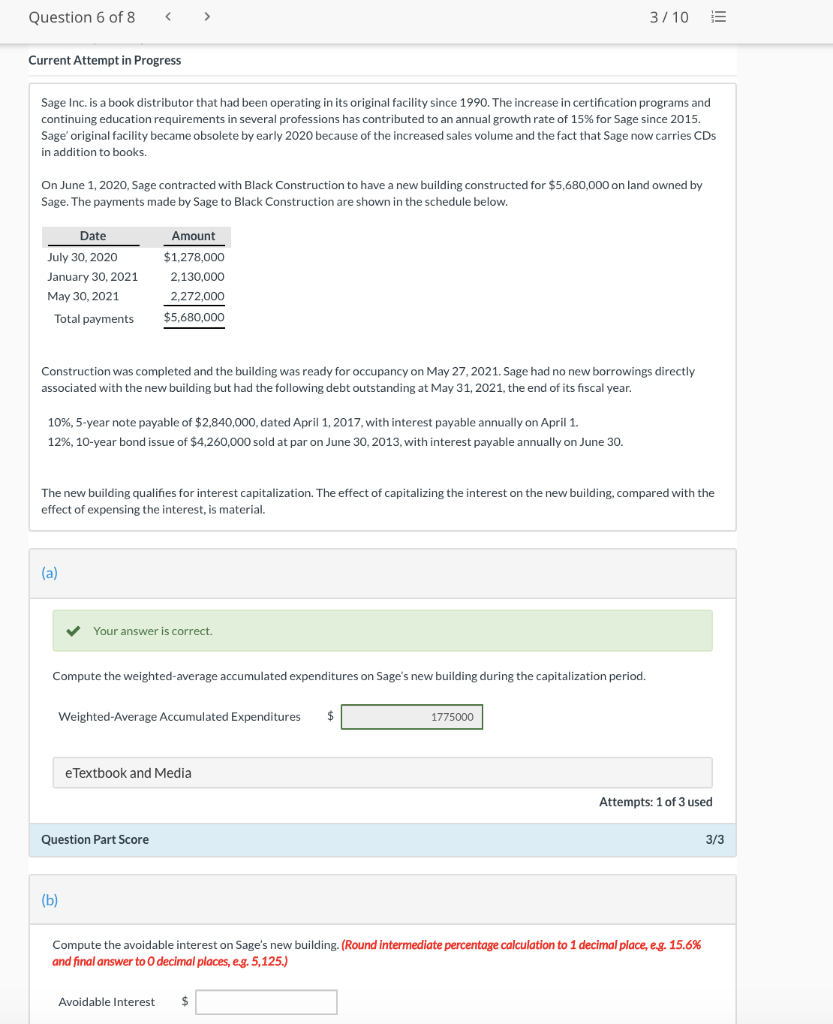 Question 6 of 8 > 3/10 Current Attempt in Progress Sage