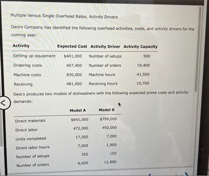  Multiple Versus Single Overhead Rates, Activity Drivers Deoro Company has identified