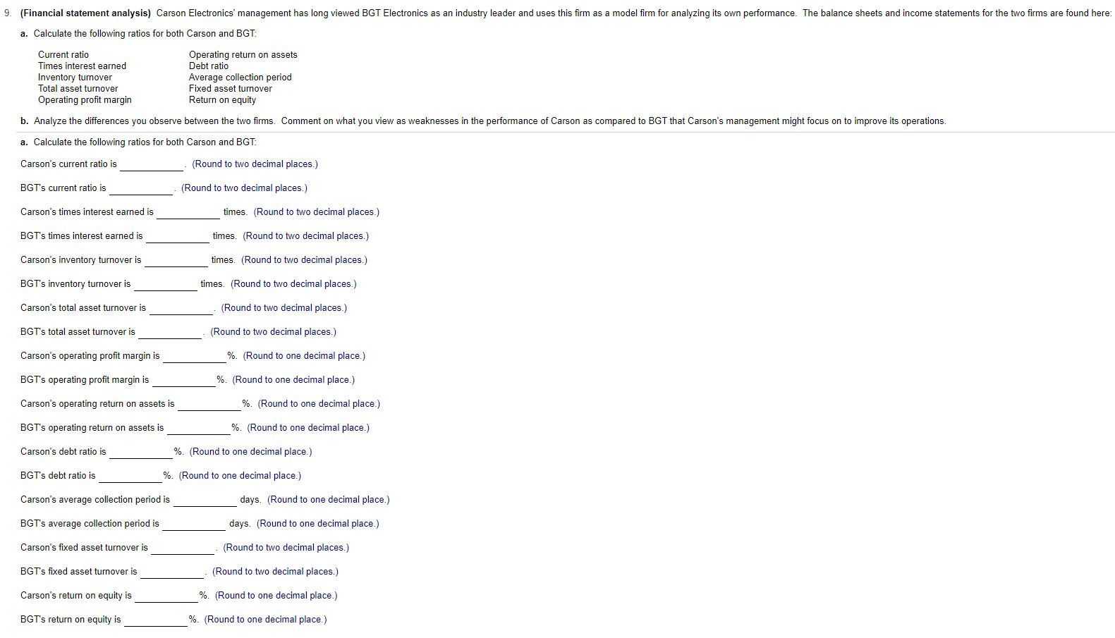  9. (Financial statement analysis) Carson Electronics' management has long viewed BGT