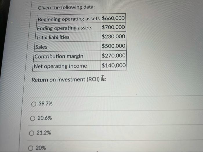  Given the following data: Beginning operating assets $660,000 Ending operating assets