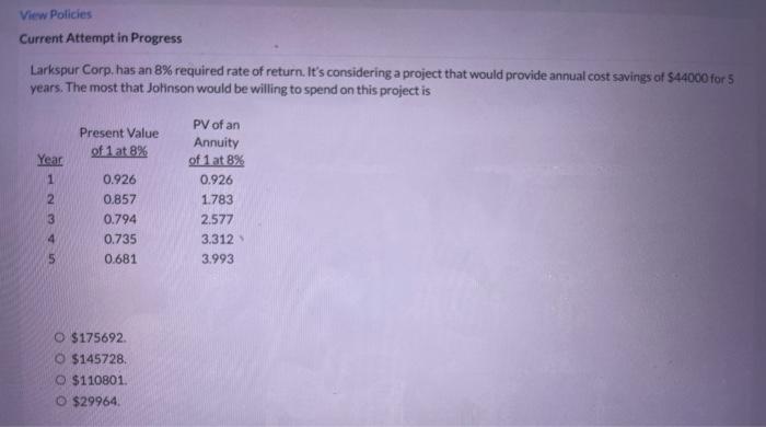  View Policies Current Attempt in Progress Larkspur Corp. has an 8%