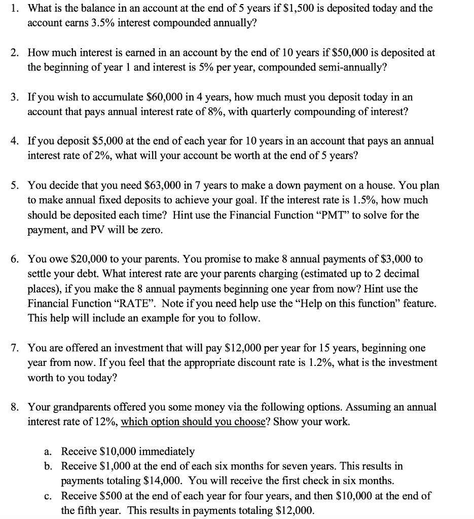  Instructions: Using Financial Formulas in Excel, answer the following problems in