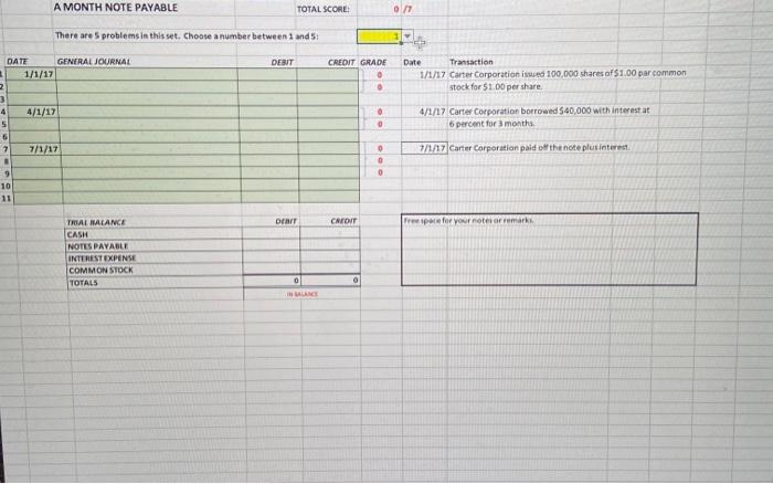  A MONTH NOTE PAYABLE TOTAL SCORE 0 There are problems in