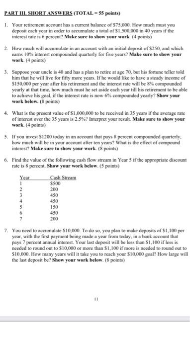 thank you PART III SHORT ANSWERS (TOTAL-55 deposit hy onder 1.000000 were