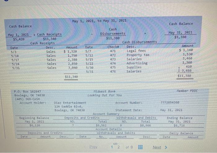  Please help! Prepare a bank reconciliation for Diaz's checking account on