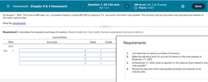  Homework: Chapter 8 & 4 Homework Question 1, E8-14A (sim. HW