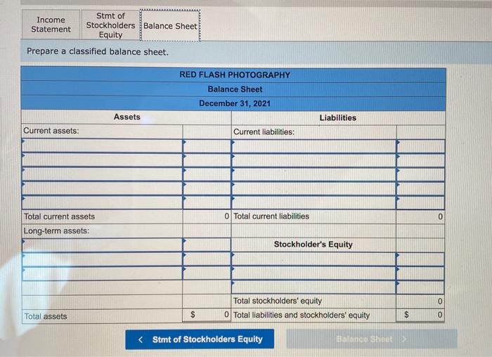 2021, Red Flash Photography had the following balances: Cash, $15,000; Supplies, $8,300;
