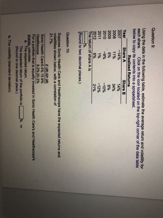 Question 9 Using the data in the following table, estimate the