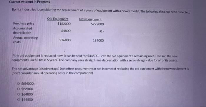  Current Attempt in Progress Bonita Industries is considering the replacement of
