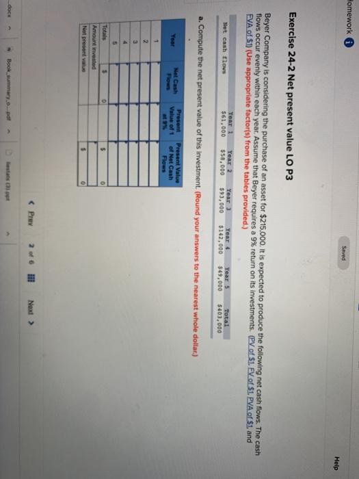  Homework Seved Help Exercise 24-2 Net present value LO P3 Beyer