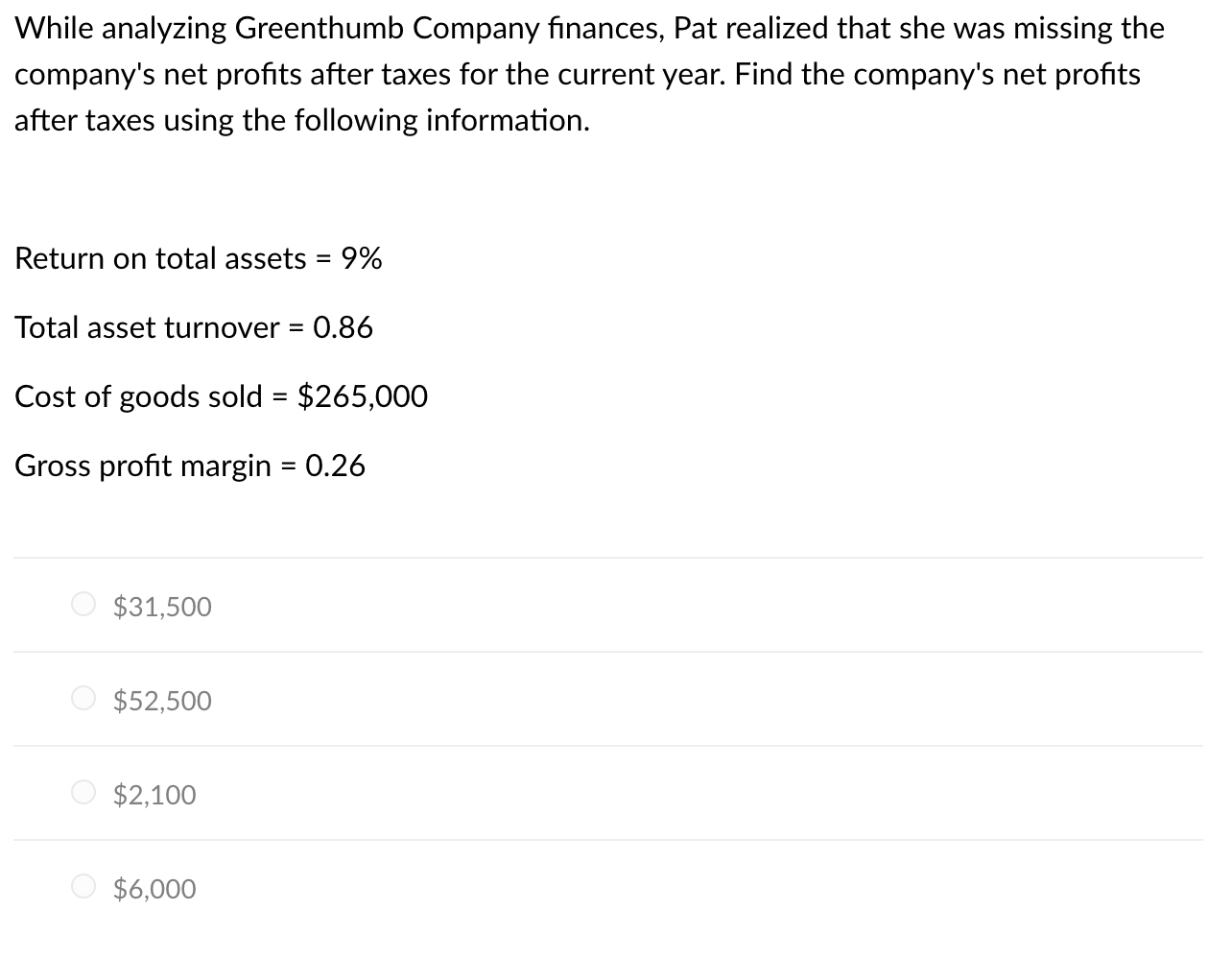 While analyzing Greenthumb Company finances, Pat realized that she was missing the