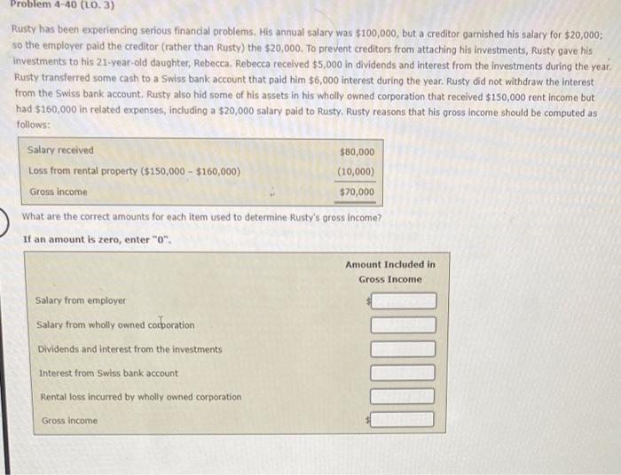  Problem 4-40 (L03) Rusty has been experiencing serious financial problems. His