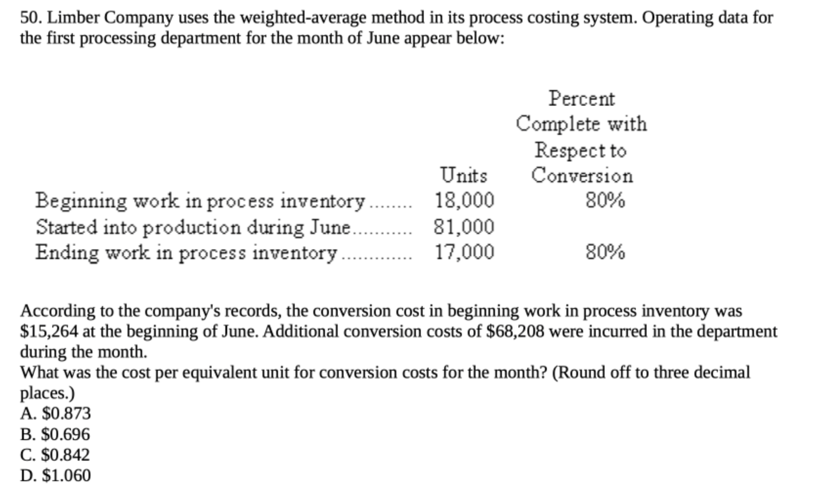 50. Limber Company uses the weighted-average method in its process costing