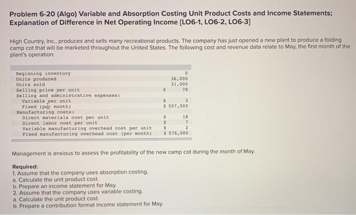  Problem 6-20 (Algo) Variable and Absorption Costing Unit Product Costs and