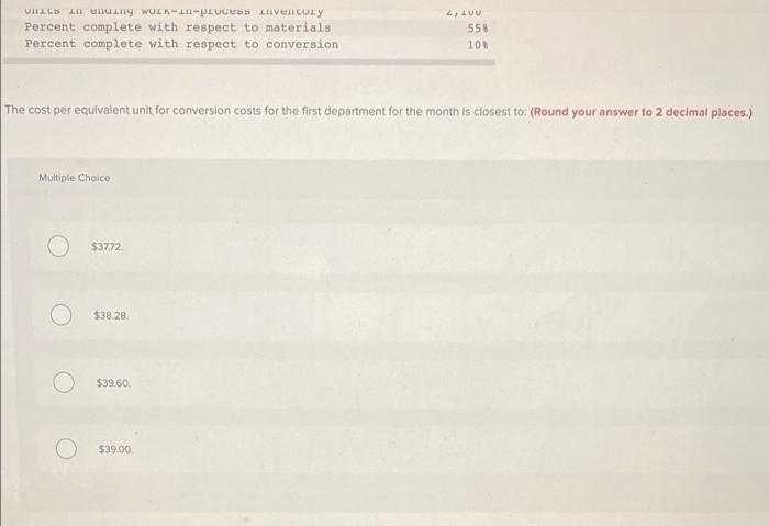 Data concerning the first processing department for the most recent month are