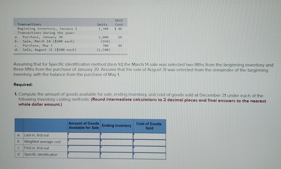  Units 1,300 Unit Cost $ 40 Transactions Beginning inventory, January 1