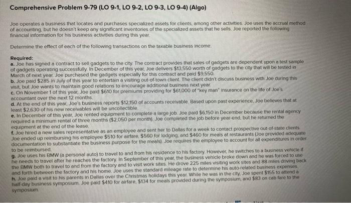 please help): Comprehensive Problem 9-79 (LO 9-1, LO 9-2, LO 9-3, LO