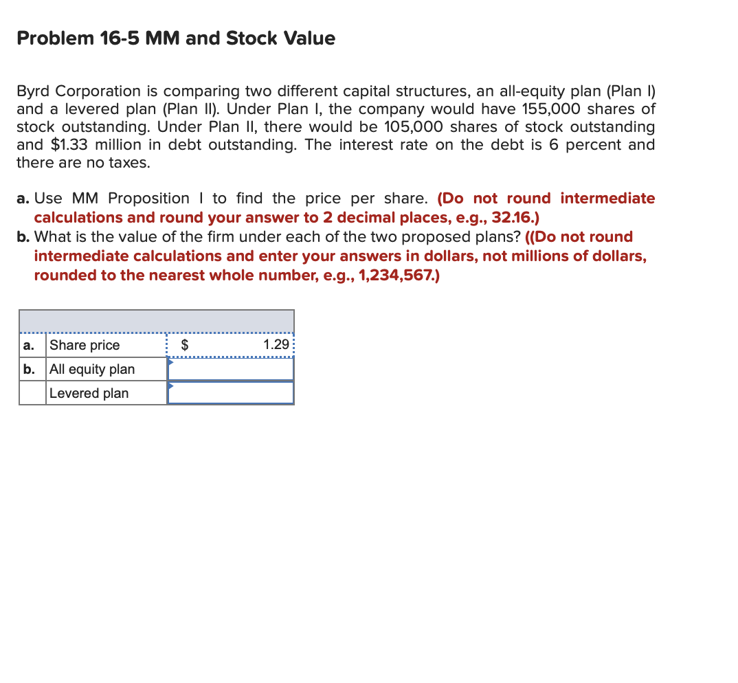 Problem 16-5 MM and Stock Value Byrd Corporation is comparing two
