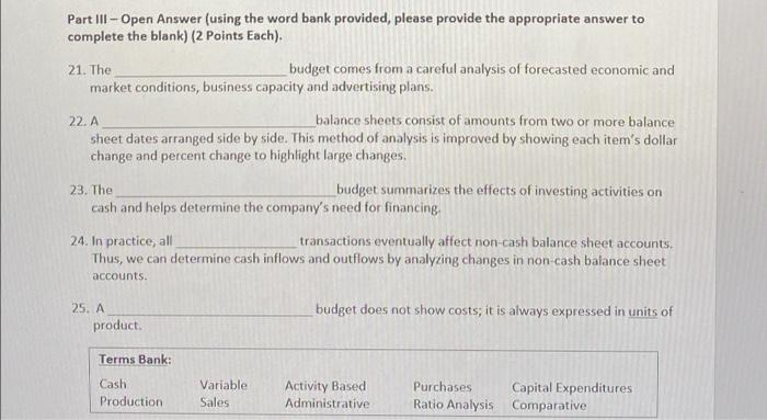  21. The Part III - Open Answer (using the word bank