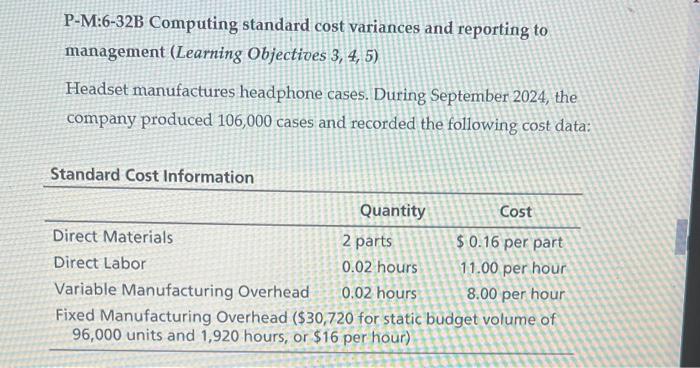  P-M:6-32B Computing standard cost variances and reporting to management (Learning Objectives