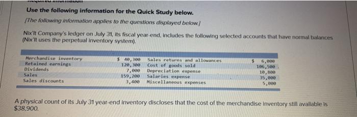  Use the following information for the Quick Study below. [The following