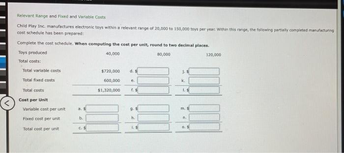  Relevant Range and Fixed and Variable Costs Child Play Inc. manufactures