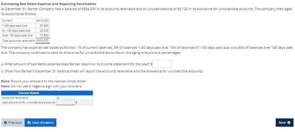Estimating Bad Debts Expense and Reporting Receivables At December 31, Barber
