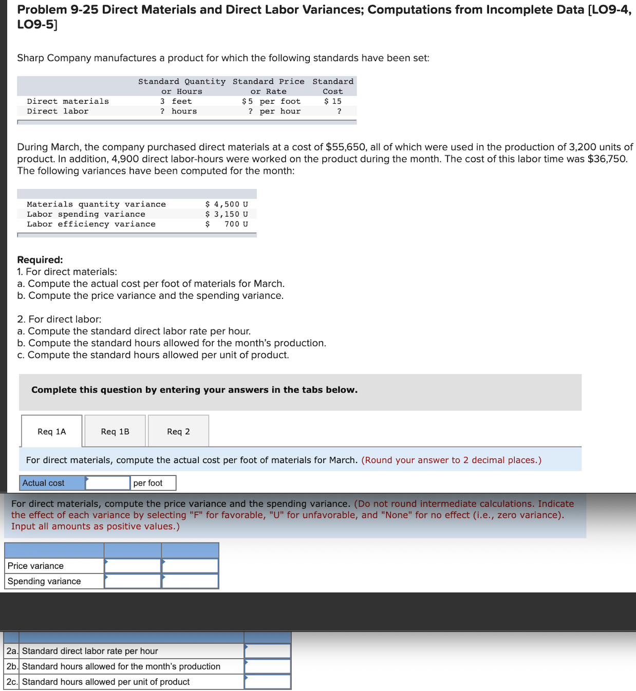 Problem 9-25 Direct Materials and Direct Labor Variances; Computations from Incomplete