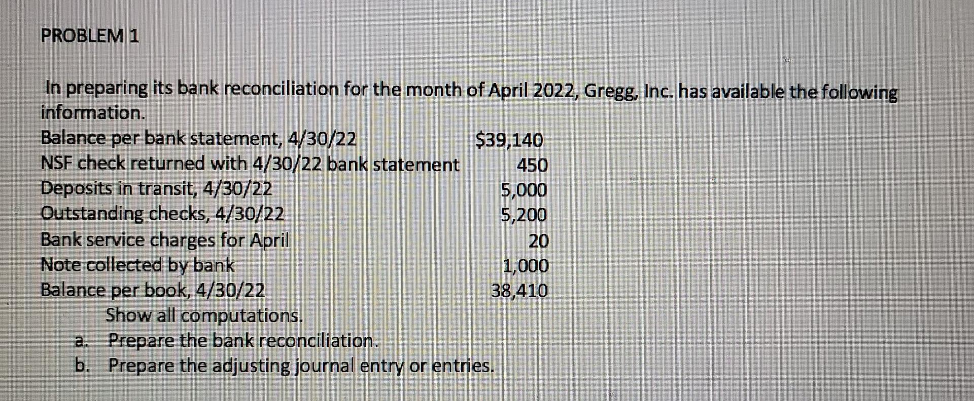 pls help PROBLEM 1 In preparing its bank reconciliation for the