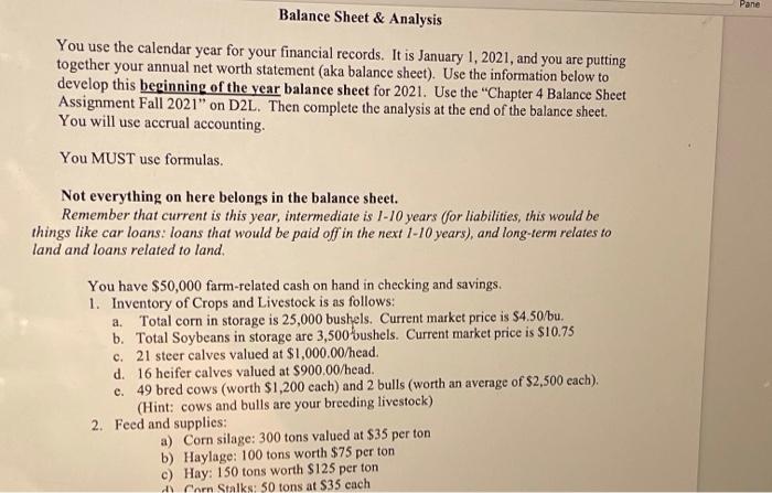  Pane Balance Sheet & Analysis You use the calendar year for
