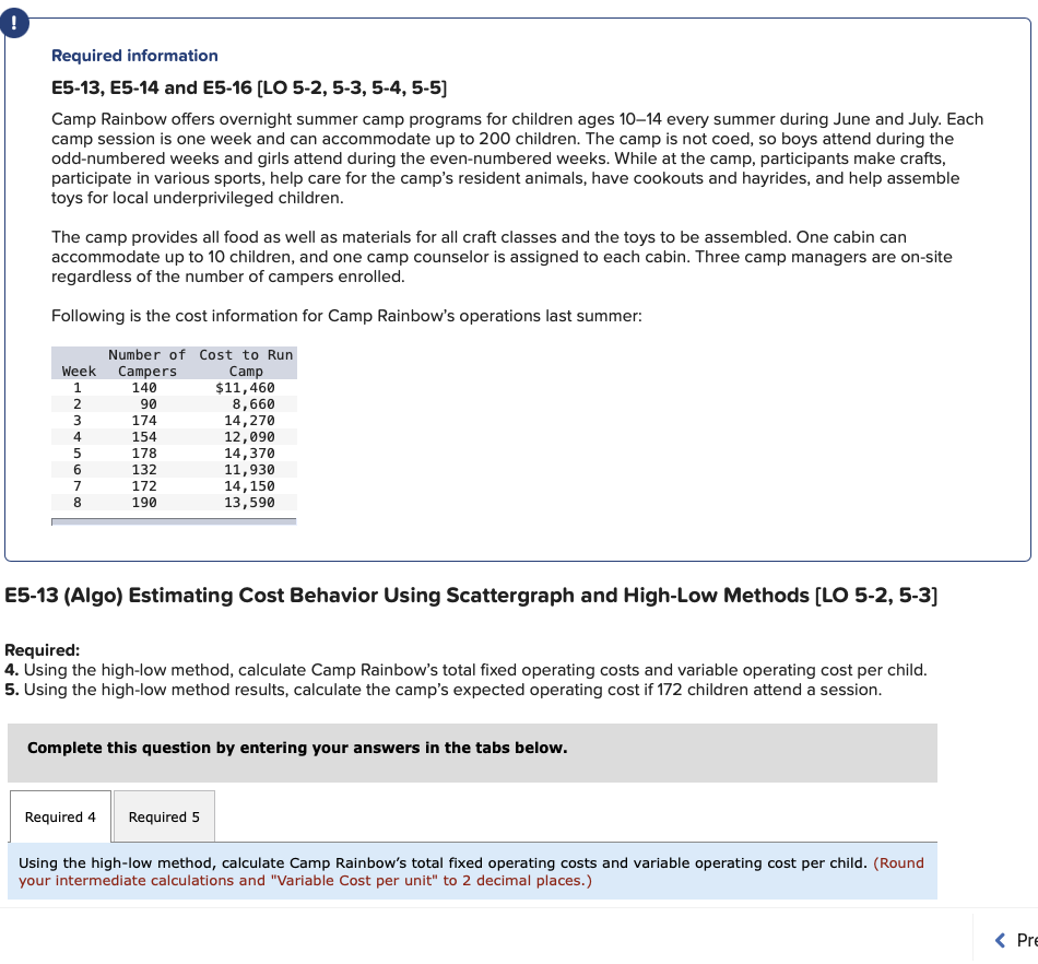  Required information E5-13, E5-14 and E5-16 [LO 5-2,5-3,5-4,5-5) Camp Rainbow offers