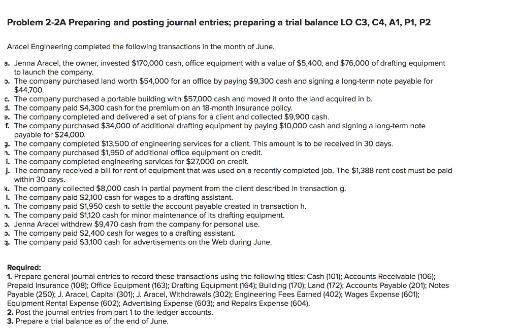  Problem 2-2A Preparing and posting journal entries; preparing a trial balance
