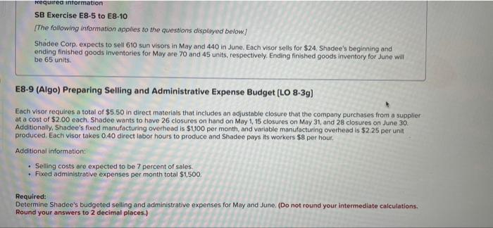  Required information SB Exercise E8-5 to E8-10 [The following information applies