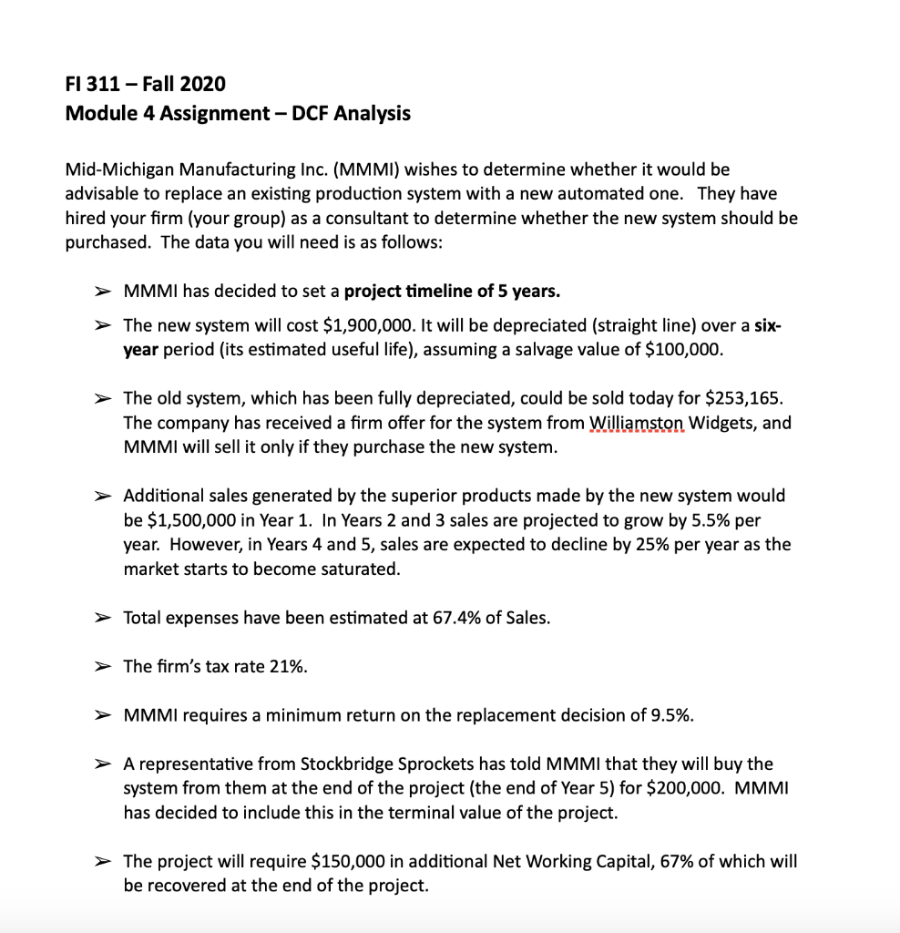  FI 311 Fall 2020 Module 4 Assignment DCF Analysis Mid-Michigan Manufacturing