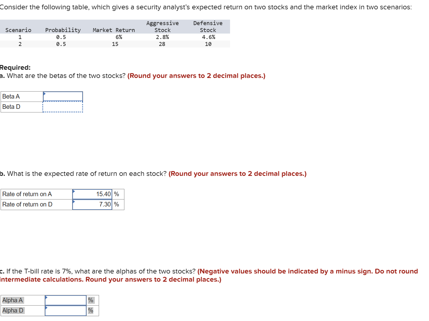  Consider the following table, which gives a security analyst's expected return