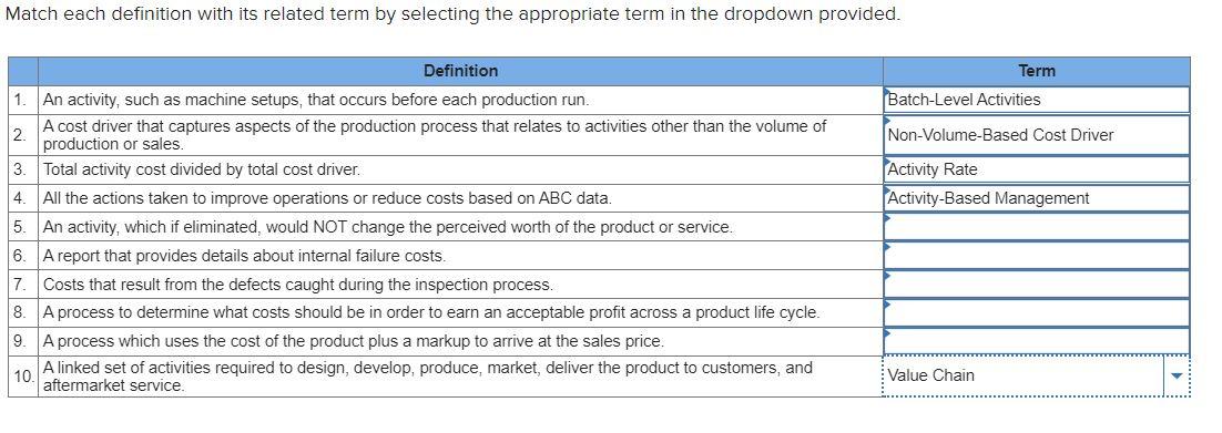 Match each definition with its related term by selecting the appropriate