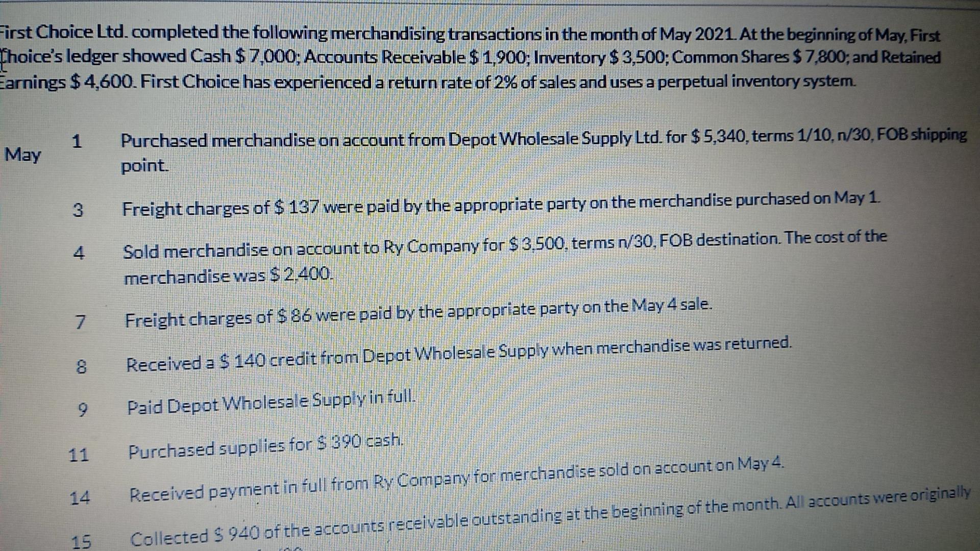 solve correctly please send First Choice Ltd.completed the following merchandising transactions in