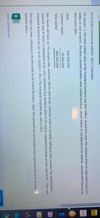  A-Z Excel Online Structured Activity: WACC Estimation On January 1, the